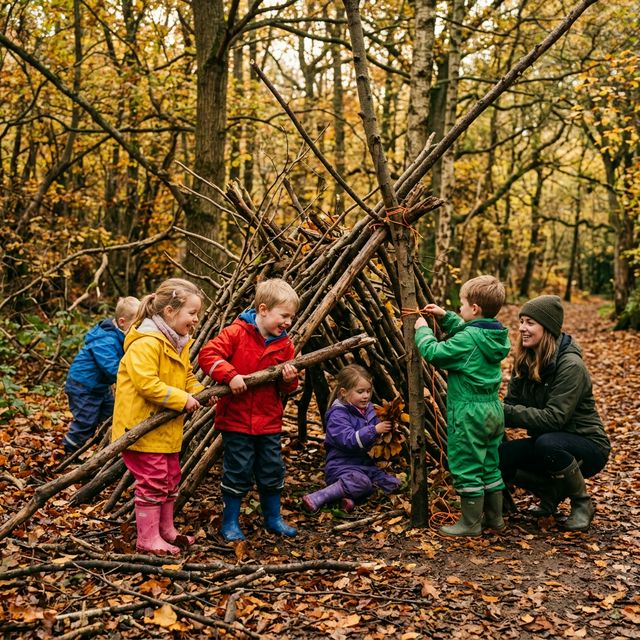 Children building a shelter in a woodland forest school session